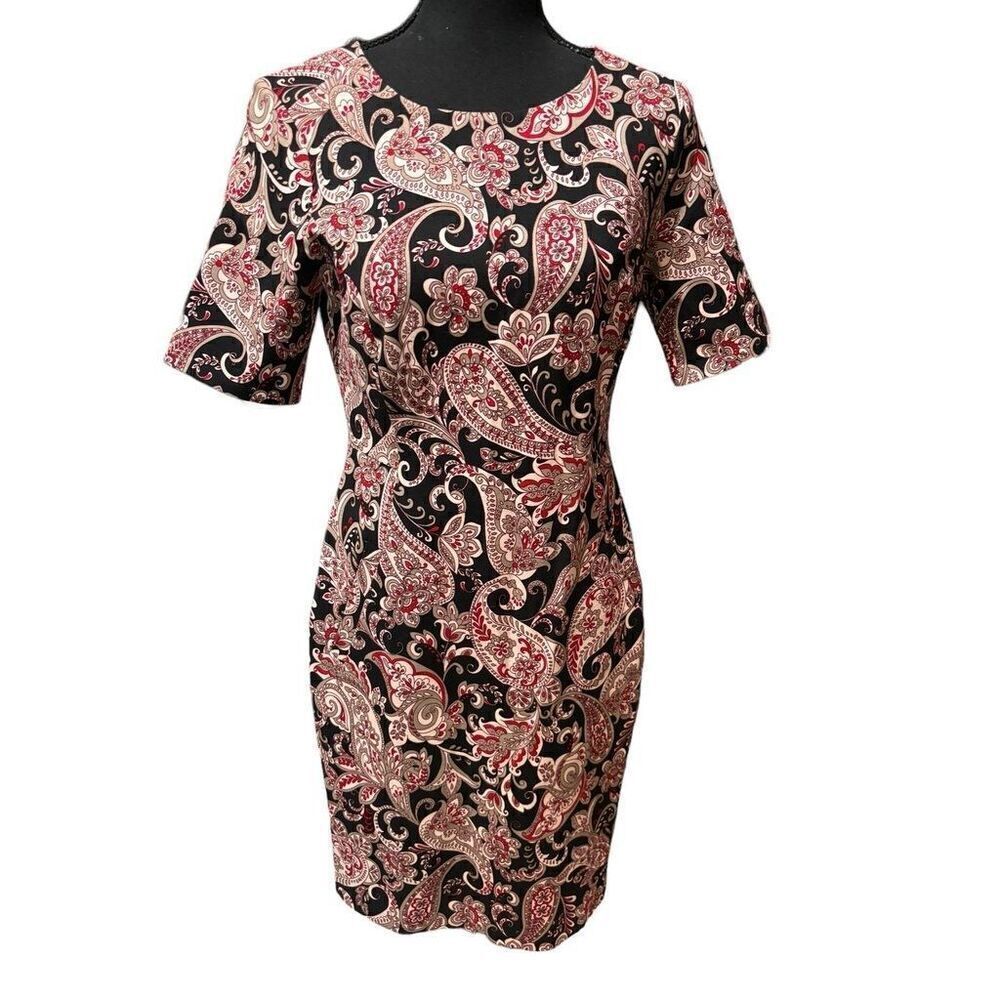 Lands End Womens 4 Short Sleeve Fitted Dress Black Red Paisley Print Knee Length